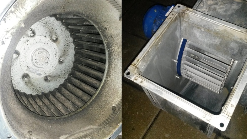 Очистка вентилятора системы вытяжной вентиляции. До и после очистки.